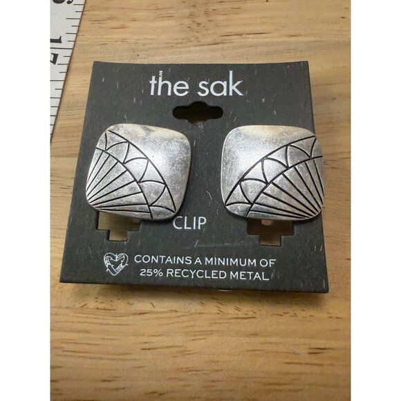 The Sak Clip-On Earrings With Recycled Metal Design Art Deco Style Silver Finish - Picture 8 of 9